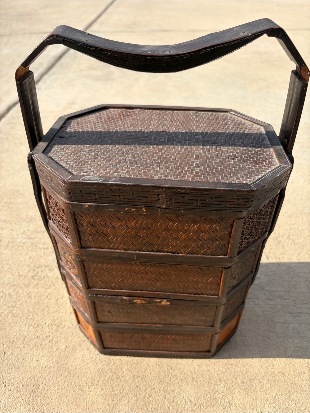 Vintage Ornate Chinese Bamboo Stacked Wedding Basket Lunch Picnic Box 4 Layers